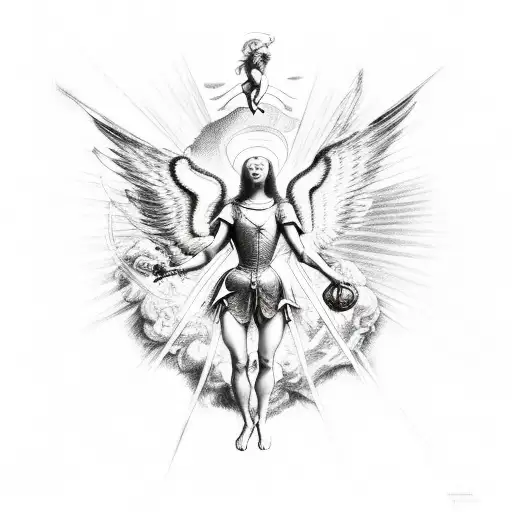A renaissance art with the fighting between one angel and one demon in the air. tattoo design idea