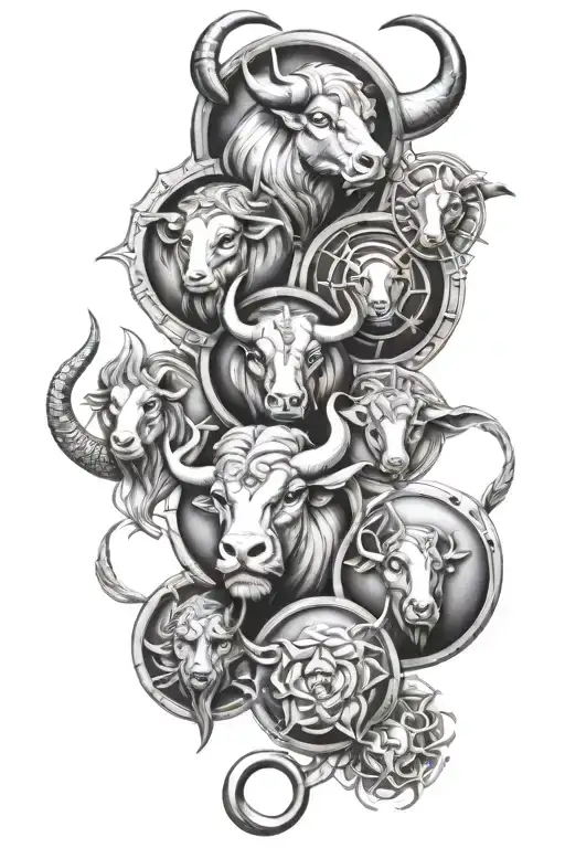 Taurus, Libra, Aquarius, Pisces, and Leo zodiac sign tattoo design idea