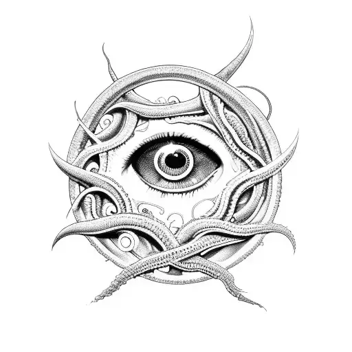 Lovecraftian tentacle eye horror, design for elbow to shoulder tattoo design idea