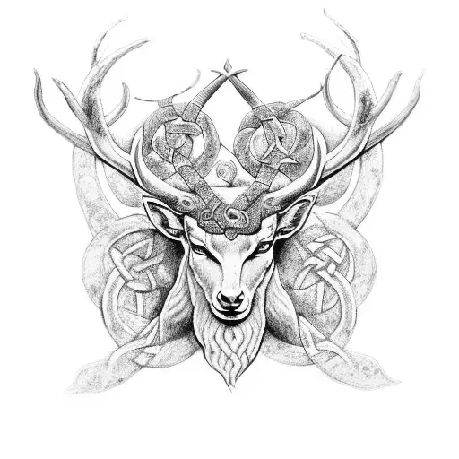 A mystical representation of Cernunnos surrounded by Celtic knotwork in dotwork style tattoo design idea