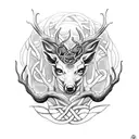 A dotwork tattoo showcasing the symbiotic relationship between Galician forest wildlife and Celtic mythology, with Cernunnos as the centerpiece tattoo design idea