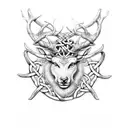A mystical representation of Cernunnos surrounded by Celtic knotwork in dotwork style tattoo design idea