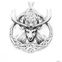 A mystical representation of Cernunnos surrounded by Celtic knotwork in dotwork style tattoo design idea