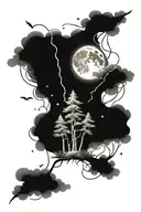 Full calf and thigh coverup tattoo. Dark forest trees with moon, stars, clouds, and lightning bolts. tattoo design idea