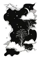 Full calf and thigh coverup tattoo. Dark forest trees with moon, stars, clouds, and lightning bolts. tattoo design idea