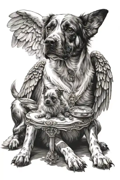 Dog sitting and Angel with light shining tattoo design idea