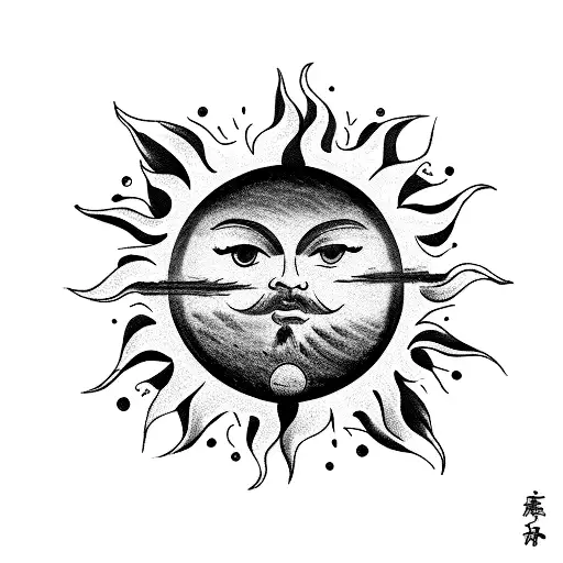 masculine sun  with here comes the sun in writing tattoo design idea