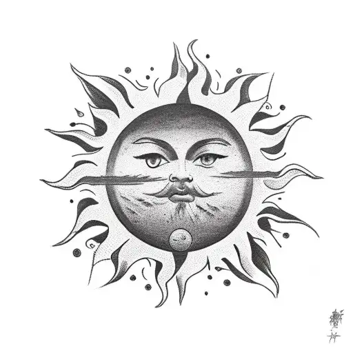 masculine sun  with here comes the sun in writing tattoo design idea