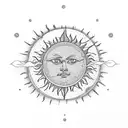 masculine sun  with here comes the sun in writing tattoo design idea