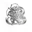 A tattoo with 3 distinguished characters: Link from Zelda, Guts from Berserk and Goku from Dragon ball tattoo design idea