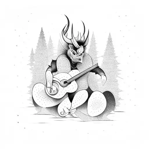 A devilish figure playing a guitar with dotwork details and a forest backdrop tattoo design idea