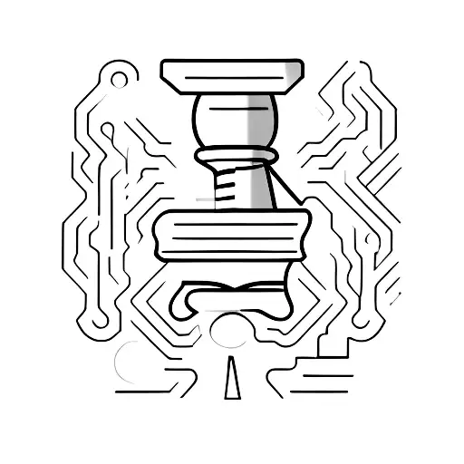 A minimalist representation of a pen and a gavel crossed together, symbolizing the fusion of writing and law. tattoo design idea