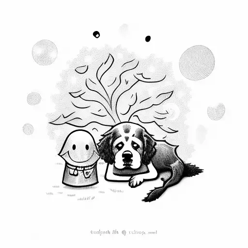 A doodle sheet ghost with a doodle sheet ghost dog napping together under a tree tattoo design idea