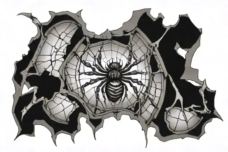 A spider crawling out of a broken mirror  that exposes the bones of the rib cage tattoo design idea