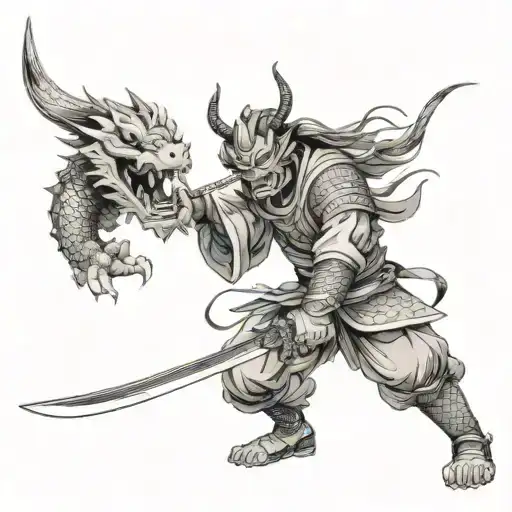 samurai thrusting a sword into the dragon's head, a large hanya mask in the background tattoo design idea