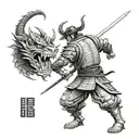 samurai thrusting a sword into the dragon's head, a large hanya mask in the background tattoo design idea
