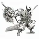 samurai thrusting a sword into the dragon's head, a large hanya mask in the background tattoo design idea