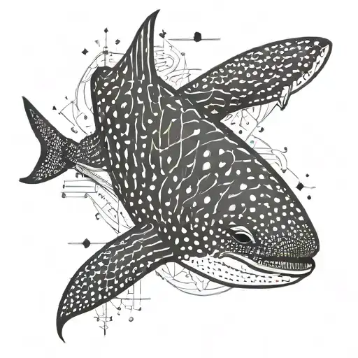 Whale shark, upper view with geometrical symbols as background tattoo design idea