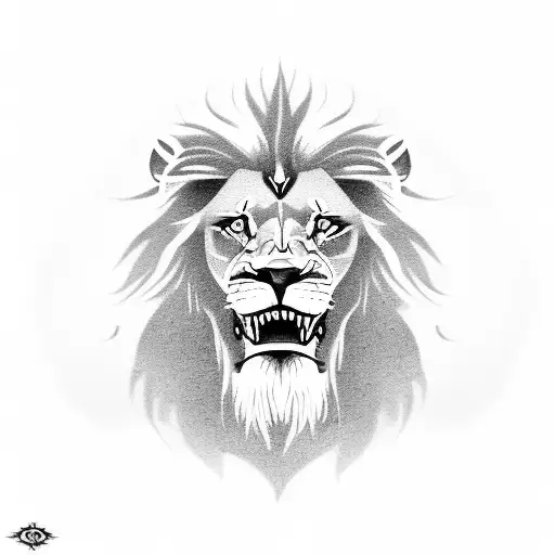 A realistic lions face tattoo with a viking symbol strength in black and grey style with red eyes tattoo design idea