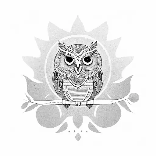 A serene owl sitting on a branch adorned with Egyptian hieroglyphs tattoo design idea