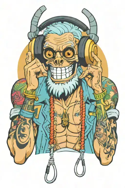 franky one piece anime dj w headphones and retro microphone   tattoo design idea