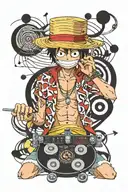 luffy straw hat strip club dj with microphone intertwined with musical notes tattoo design idea