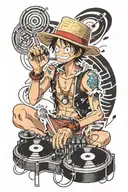 luffy straw hat strip club dj with microphone intertwined with musical notes tattoo design idea