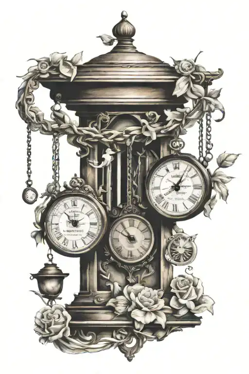 hanging clocks with birth times new Roman  tattoo design idea