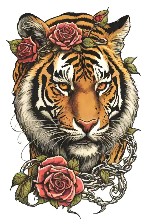 a tiger with one real human eye and a red rose with an infinity necklace  tattoo design idea