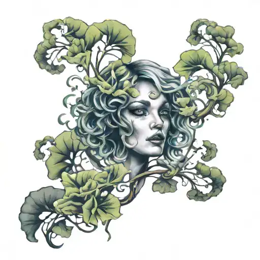 Medusa surreal smoke ginkgo tattoo design idea