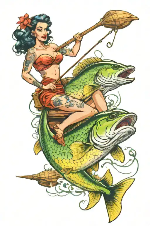 pin up girl riding a Mahi hooked on fishing tattoo design idea