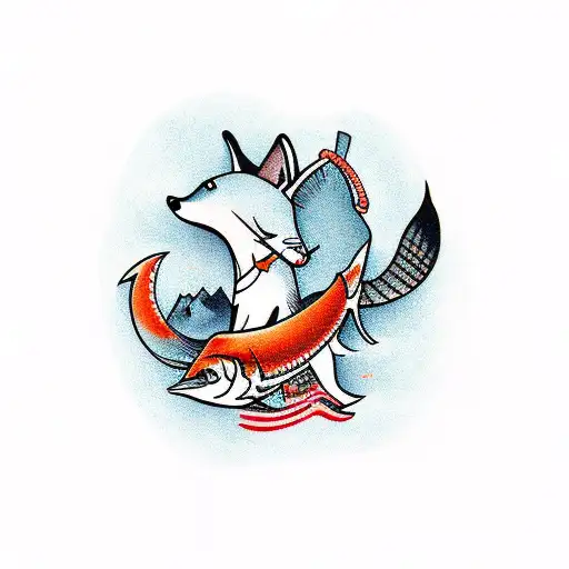 Fox eating salmon tattoo design idea