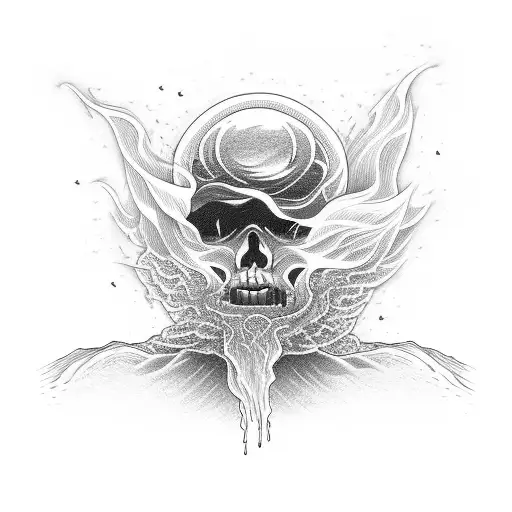 A dude looking unphased as he is engulfed in flames looking out into the ocean tattoo design idea