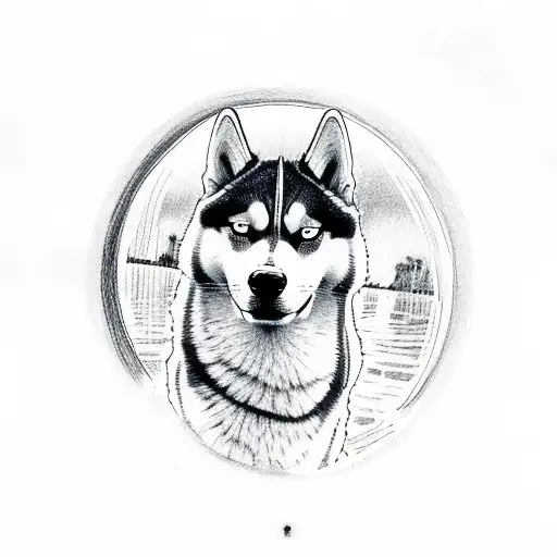A husky looking at a sunset while sitting on a bench. tattoo design idea