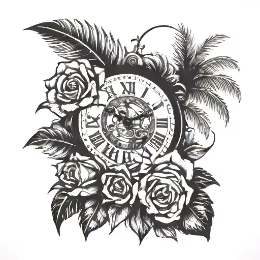 palm tree, clock and rose tattoo design idea