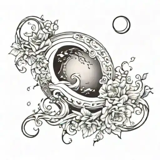 crescent moon with flowers and ocean waves  tattoo design idea