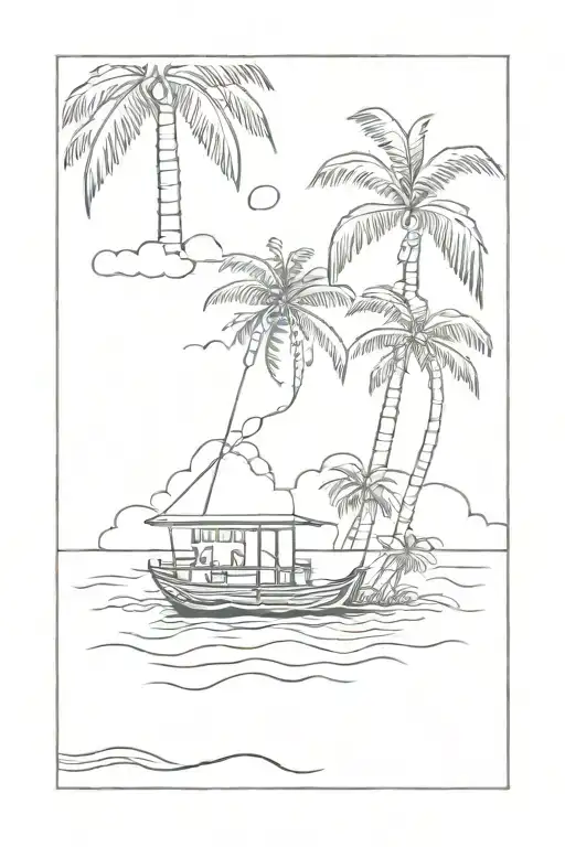 house boat sailing towards coconut tree tattoo design idea