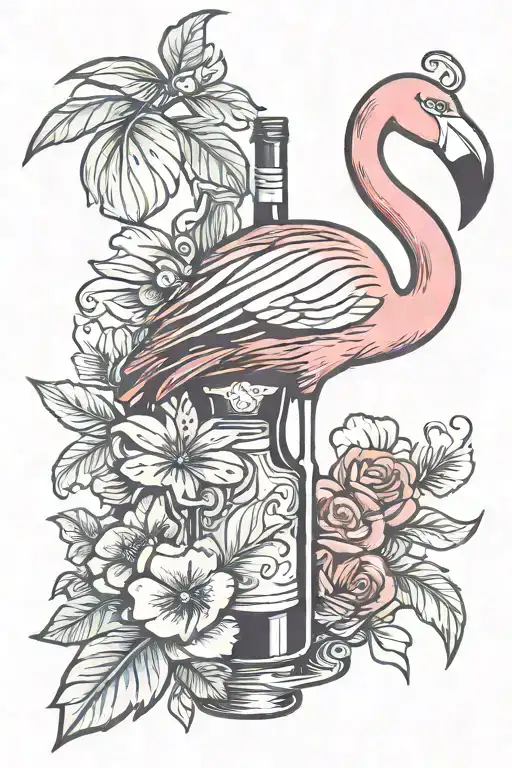 flamingo with wine bottle tattoo design idea