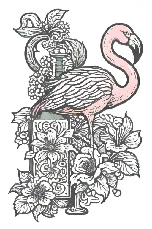 flamingo with wine bottle tattoo design idea