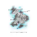 A detailed map of Middle-earth with iconic locations from Lord of the Rings and The Hobbit tattoo design idea