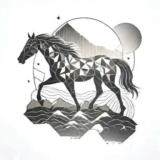 A geometric design of a horse silhouette against a backdrop of mountains, with the sun shining above and a river meandering through the scene. tattoo design idea
