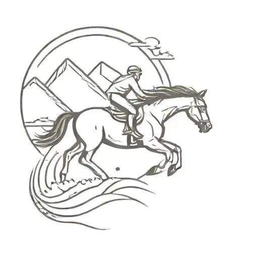 A minimalist design of a horse jumping over a river, with the mountains in the background and the sun setting behind them. tattoo design idea
