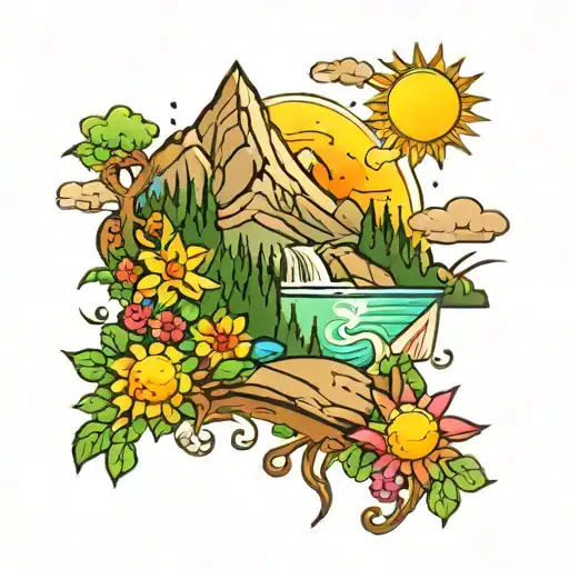 A new-school tattoo of a whimsical interpretation of Baghdati mountains with a colorful sun and river, surrounded by girly elements like flowers and hearts, to represent your passions in a playful and creative way tattoo design idea