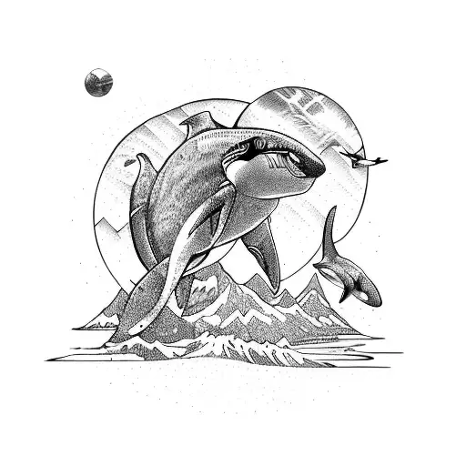 Mountains and orca  tattoo design idea
