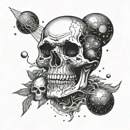 A cosmic skull with planets orbiting around it, representing the endless cycle of death and rebirth in the universe tattoo design idea