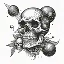 A cosmic skull with planets orbiting around it, representing the endless cycle of death and rebirth in the universe tattoo design idea