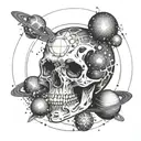 A cosmic skull with planets orbiting around it, representing the endless cycle of death and rebirth in the universe tattoo design idea