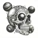 A cosmic skull with planets orbiting around it, representing the endless cycle of death and rebirth in the universe tattoo design idea