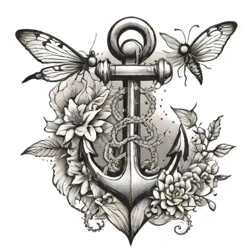 anchor surrounded by dragonflies flying tattoo design idea