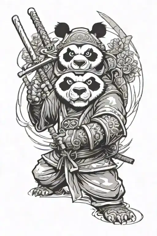 a angry panda with mouth open wearing a samurai costume, head only tattoo design idea